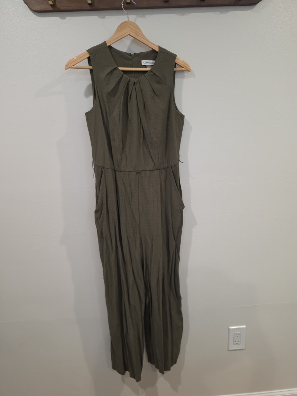 Calvin Klein Olive Green Textured Sleeveless Jumpsuit